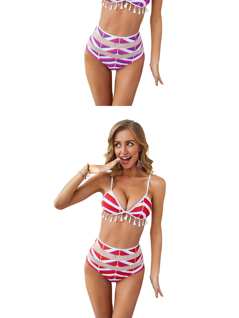  Rose Red Stripe M Fringe Split Swimsuit Two-piece Suit,Bikini Sets