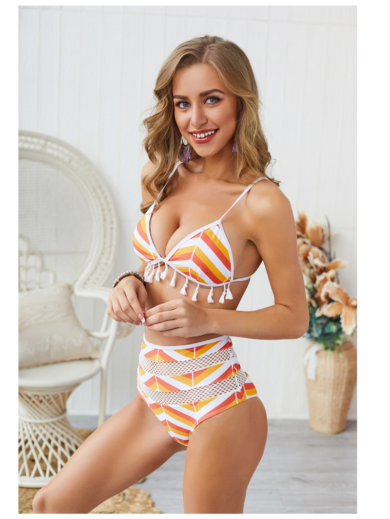  Orange Stripes O Fringe Split Swimsuit Two-piece Suit,Bikini Sets