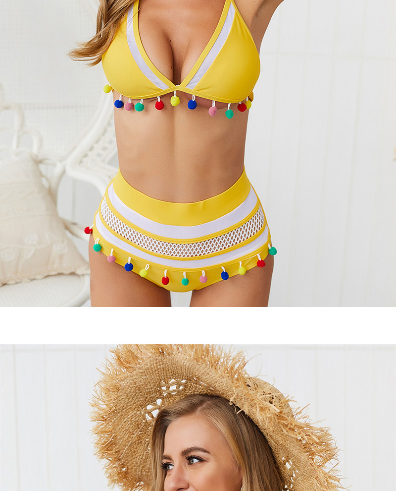  Yellow Mesh Tassel Ball Bikini,Bikini Sets