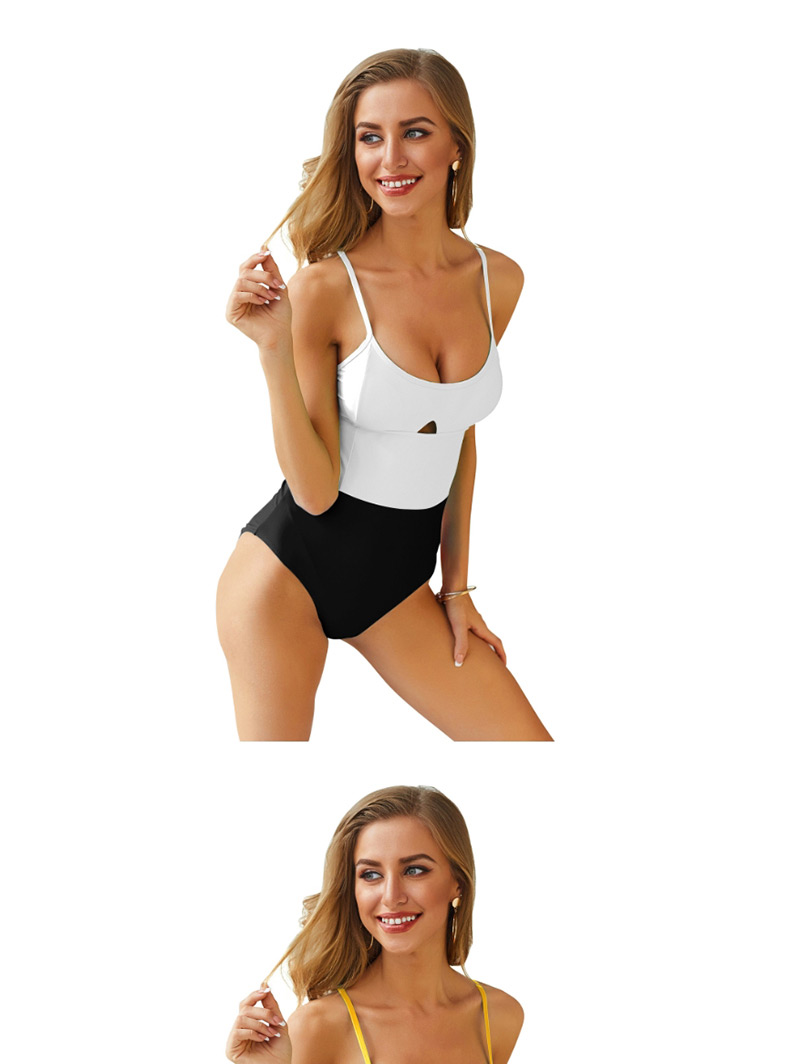  White + Black Stitching Solid Color Mosaic One-piece Swimsuit,One Pieces