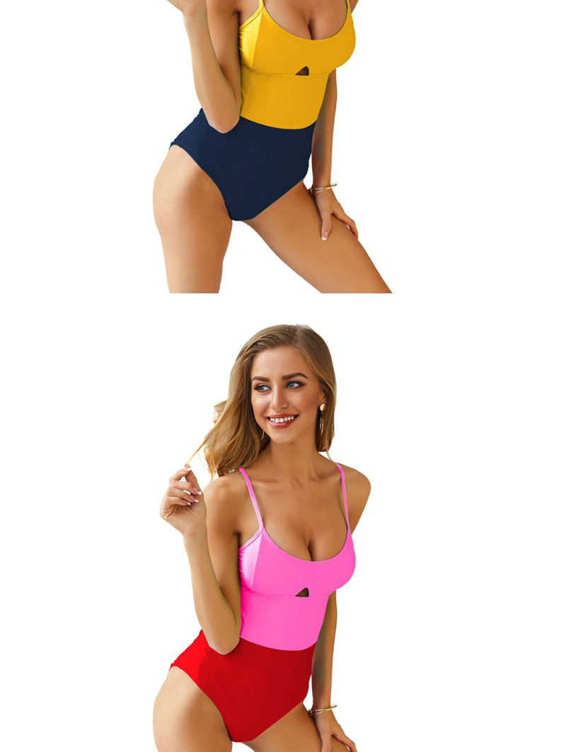  Yellow + Dark Blue Stitching Solid Color Mosaic One-piece Swimsuit,One Pieces
