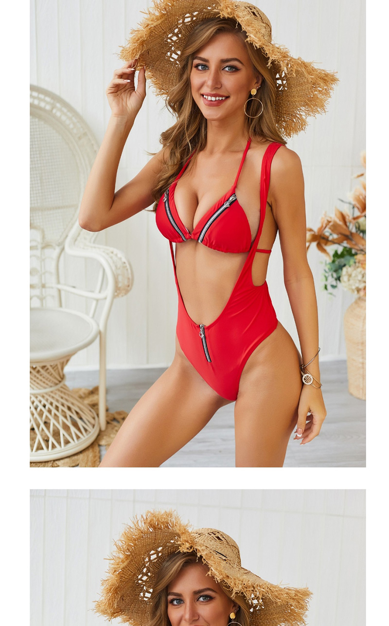  Red Zipper Split Swimsuit,Bikini Sets
