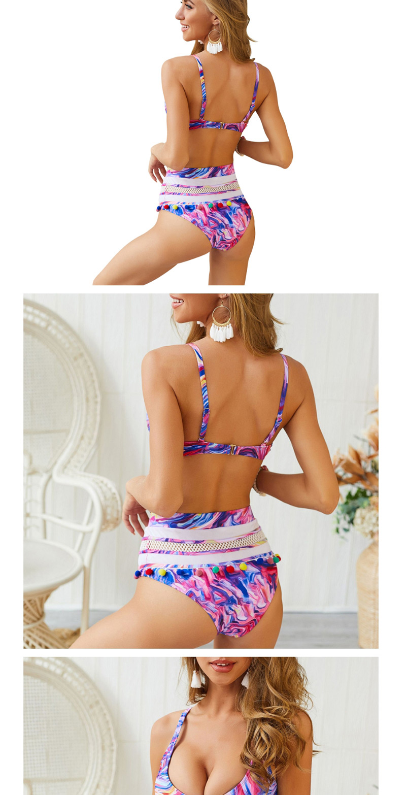  Purple Color Strip Print Knotted Ball Tassel Bikini Two-piece,Bikini Sets