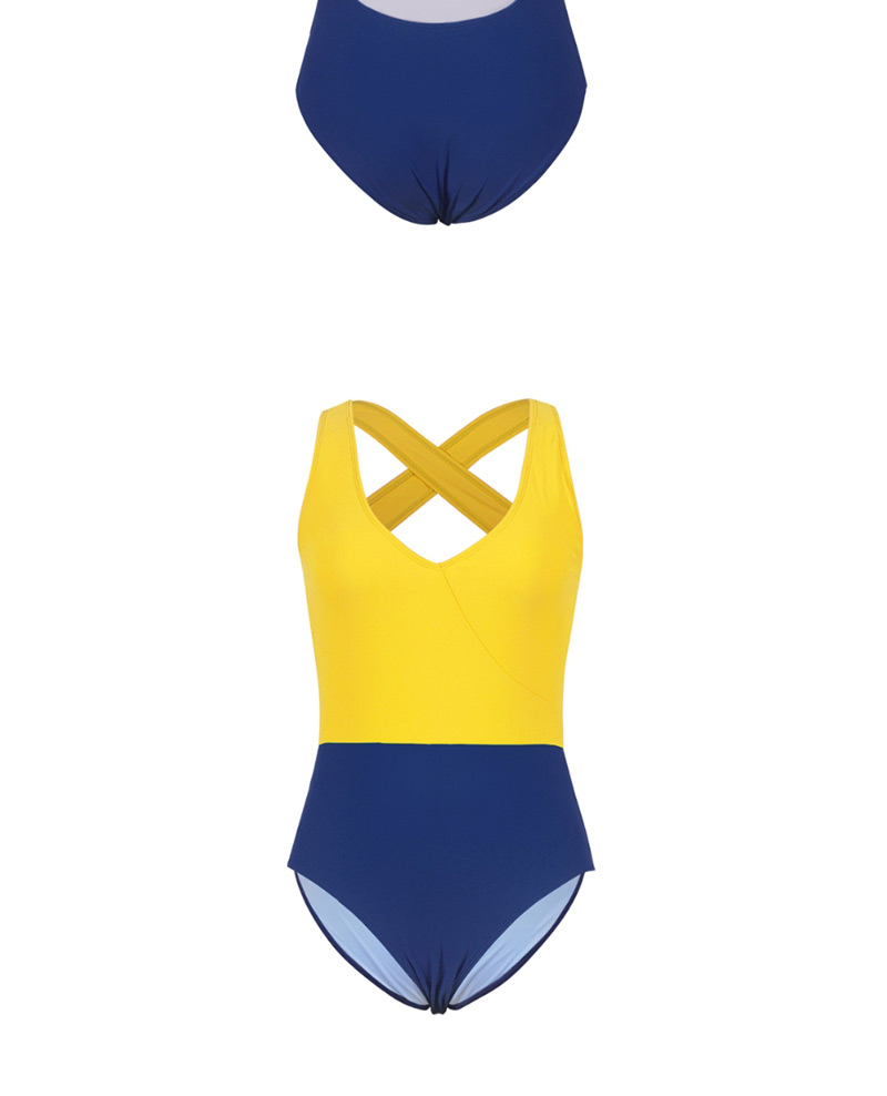  Yellow + Dark Blue Stitching Splicing One-piece Swimsuit,One Pieces