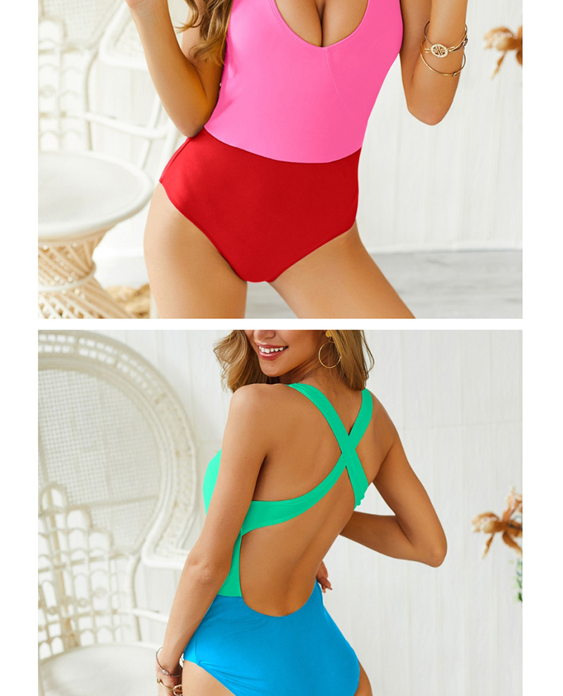  Rose Red + Red Stitching Splicing One-piece Swimsuit,One Pieces