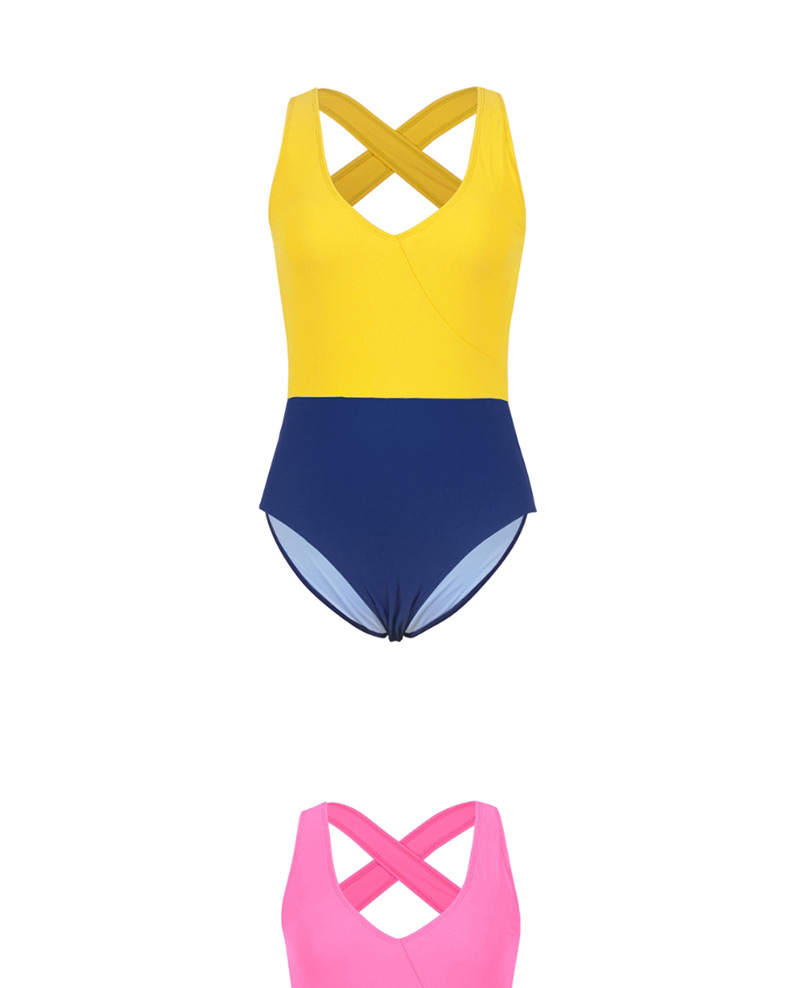  Yellow + Dark Blue Stitching Splicing One-piece Swimsuit,One Pieces