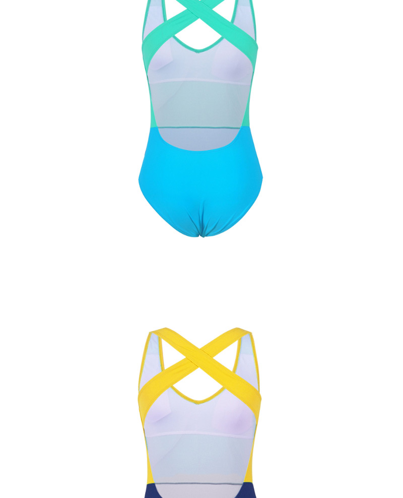  Green + Sky Blue Stitching Splicing One-piece Swimsuit,One Pieces