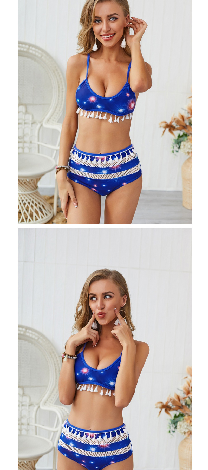  Blue Starry B Fringe Stitching Bikini Two-piece,Bikini Sets