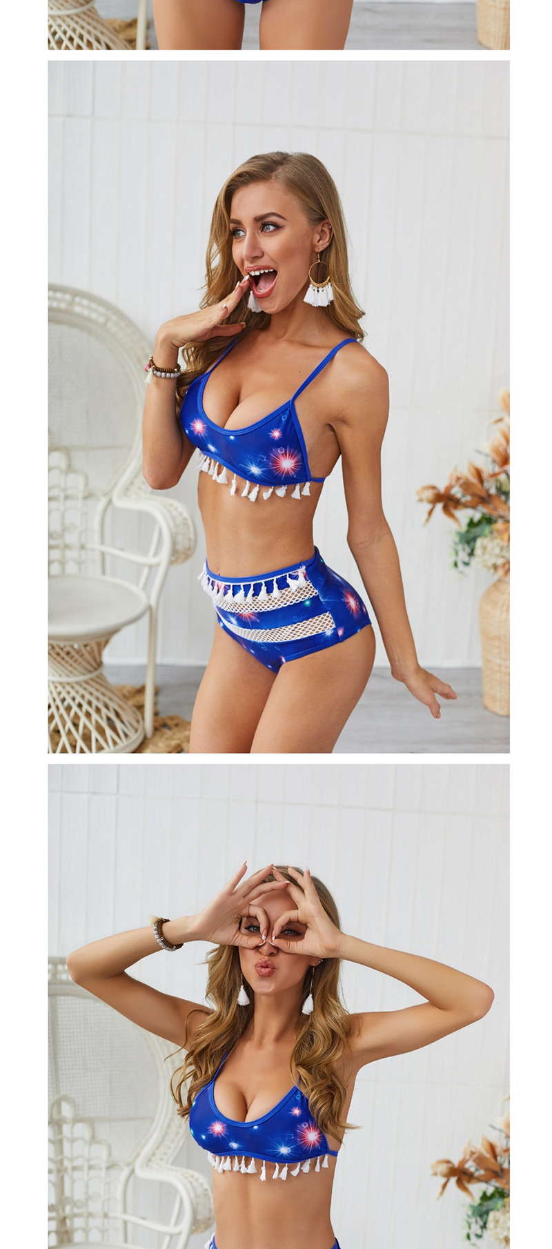  Blue Starry B Fringe Stitching Bikini Two-piece,Bikini Sets