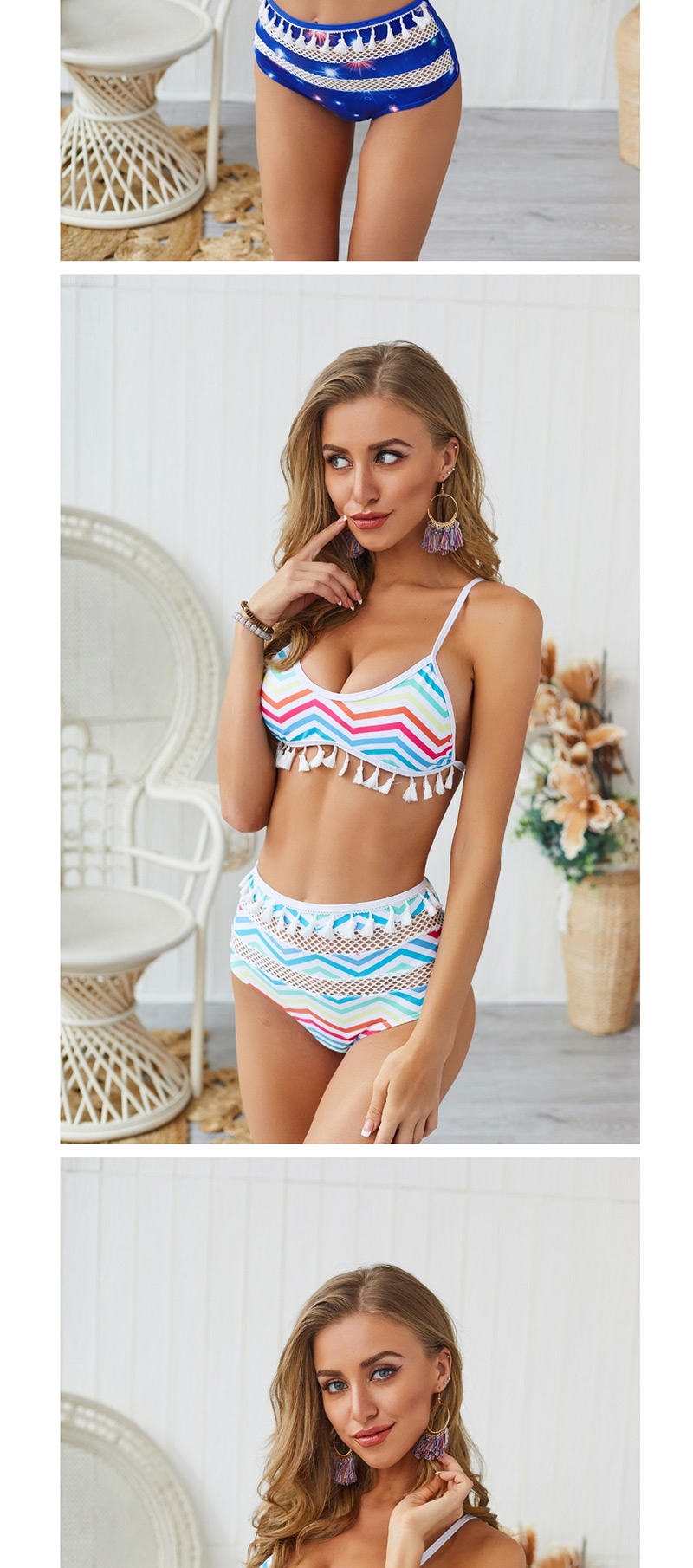  Striped Wave T Fringe Stitching Bikini Two-piece,Bikini Sets