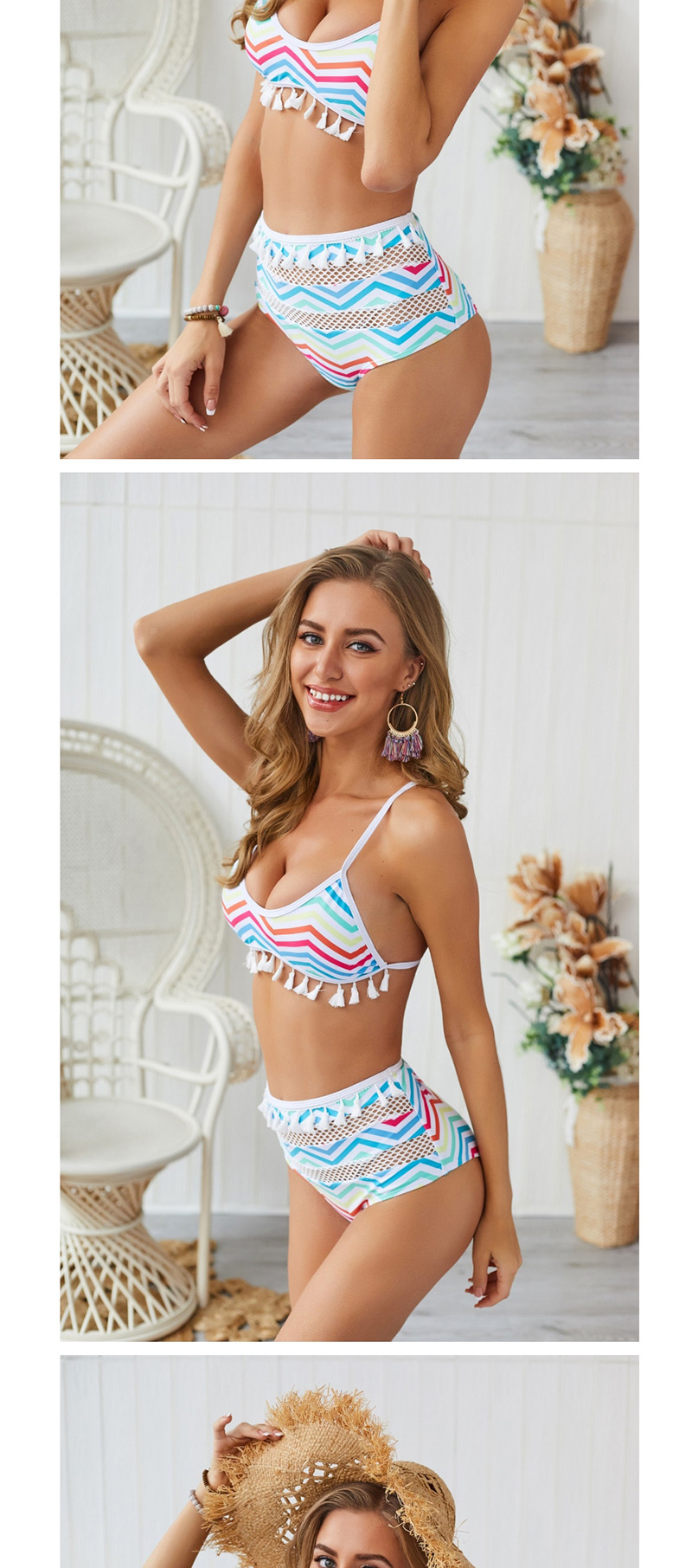  Striped Wave T Fringe Stitching Bikini Two-piece,Bikini Sets