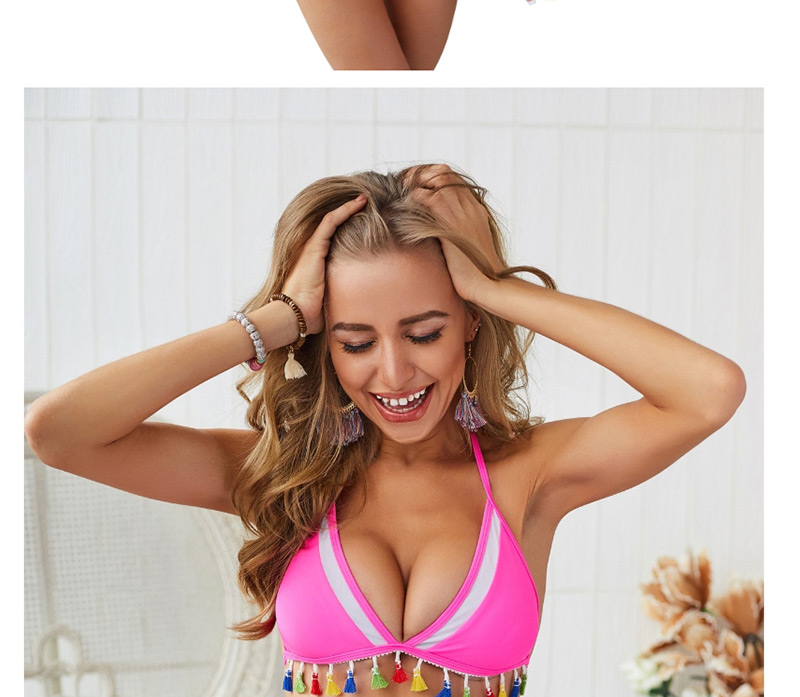  Pink Tassel Stitching Split Swimsuit,Bikini Sets