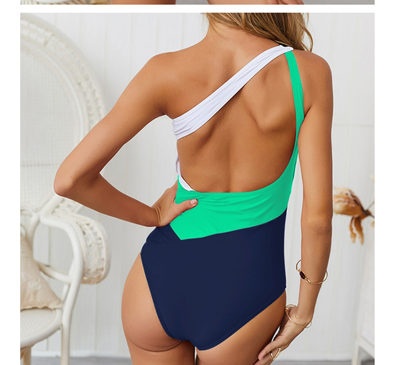  White + Green + Dark Blue Colorblock One-shoulder Bikini,One Pieces