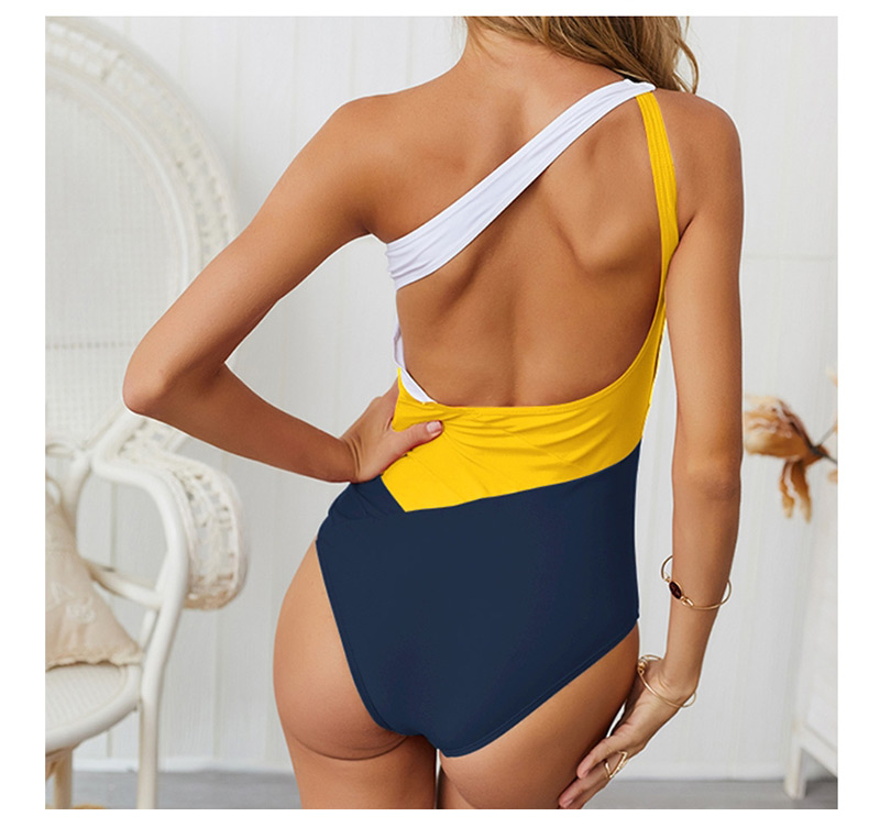  White + Yellow + Dark Blue Colorblock One-shoulder Bikini,One Pieces