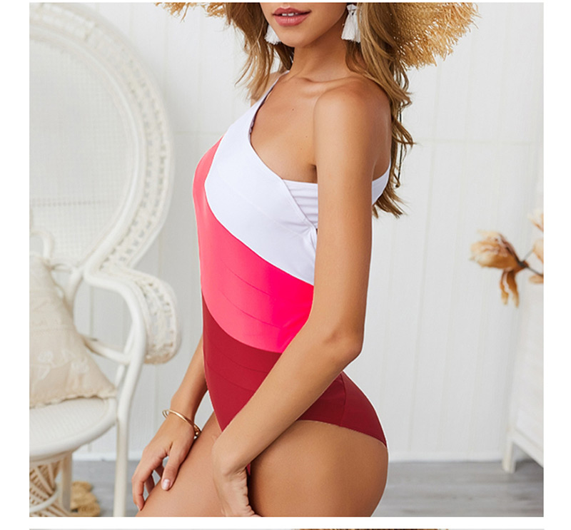  White + Rose Red + Dark Red Colorblock One-shoulder Bikini,One Pieces