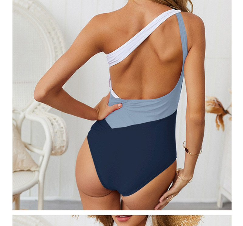  White + Gray + Dark Blue Colorblock One-shoulder Bikini,One Pieces