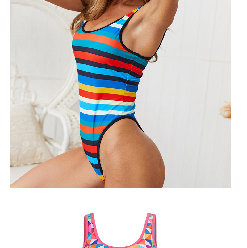  Colored Triangle Striped Printed Halter One-piece Swimsuit,One Pieces