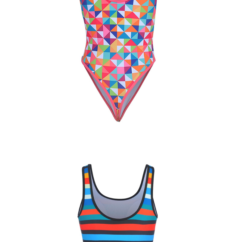  Colored Triangle Striped Printed Halter One-piece Swimsuit,One Pieces