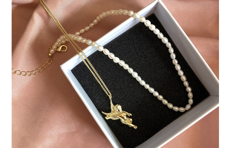 Fashion A Set Of Gold Pearl Angel Square Necklace,Multi Strand Necklaces