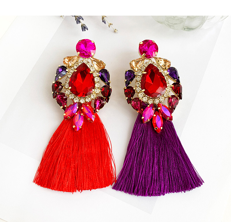 Fashion Red + Purple Alloy Studded Long Tassel Earrings,Drop Earrings