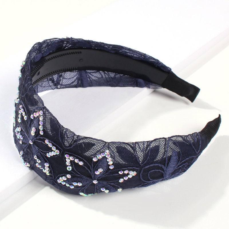 Fashion Navy Blue Online Diamond Flower Embroidery Headband,Head Band