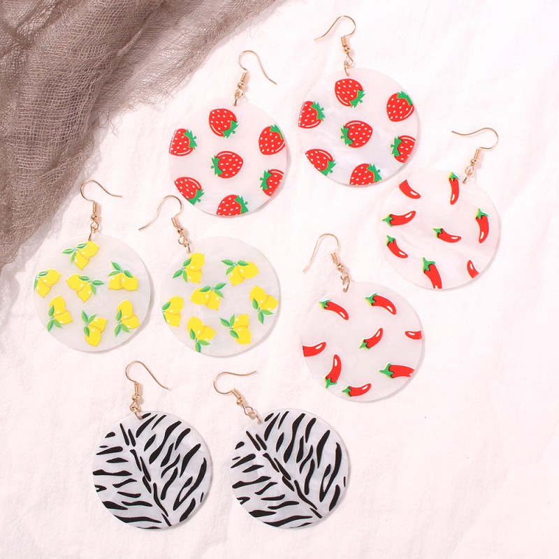 Fashion Chili Fruit Print Acrylic Round Earrings,Drop Earrings