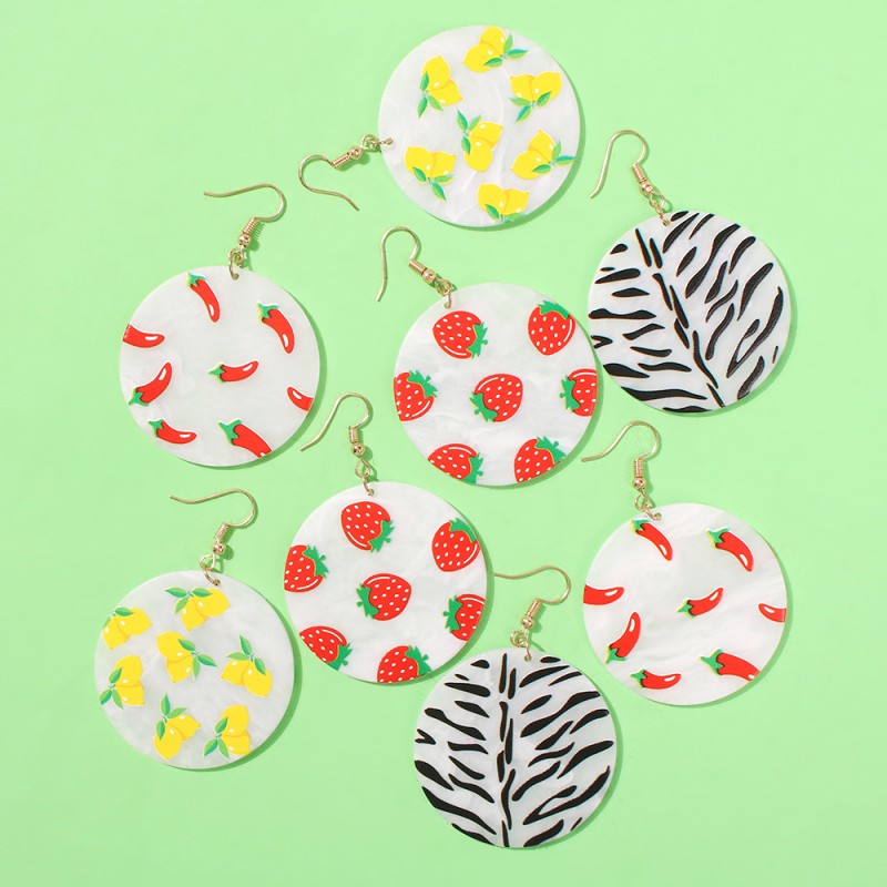 Fashion Strawberry Fruit Print Acrylic Round Earrings,Drop Earrings