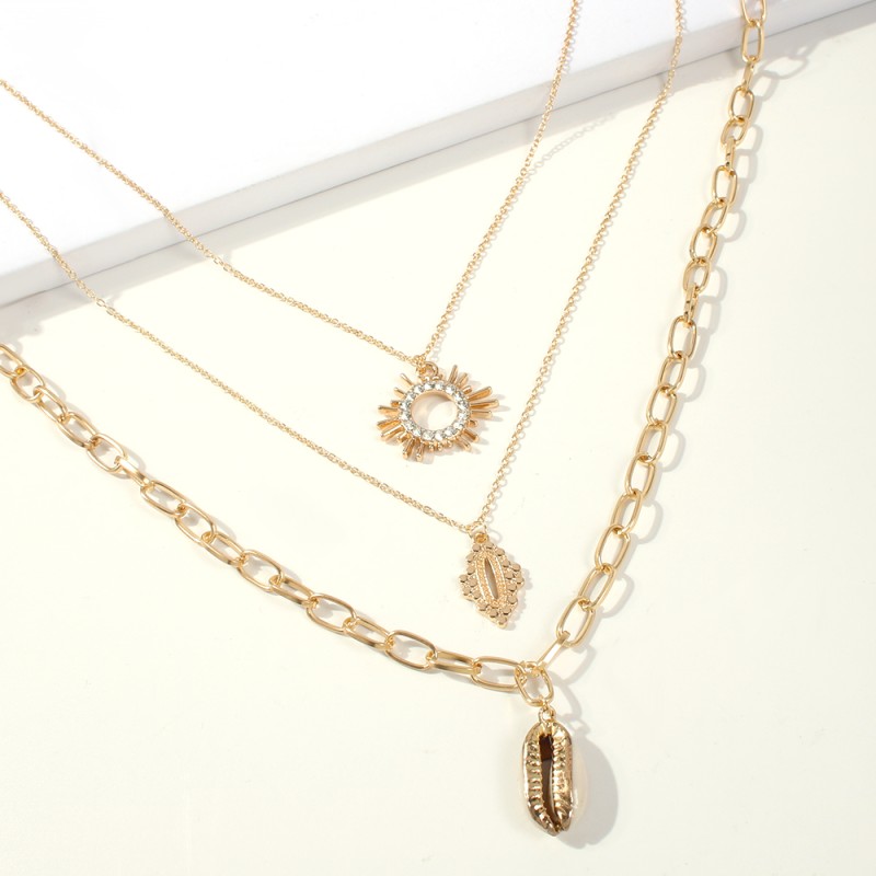 Fashion Gold Alloy Diamond Sun Shell Multi-layer Necklace,Multi Strand Necklaces