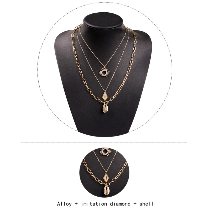 Fashion Gold Alloy Diamond Sun Shell Multi-layer Necklace,Multi Strand Necklaces