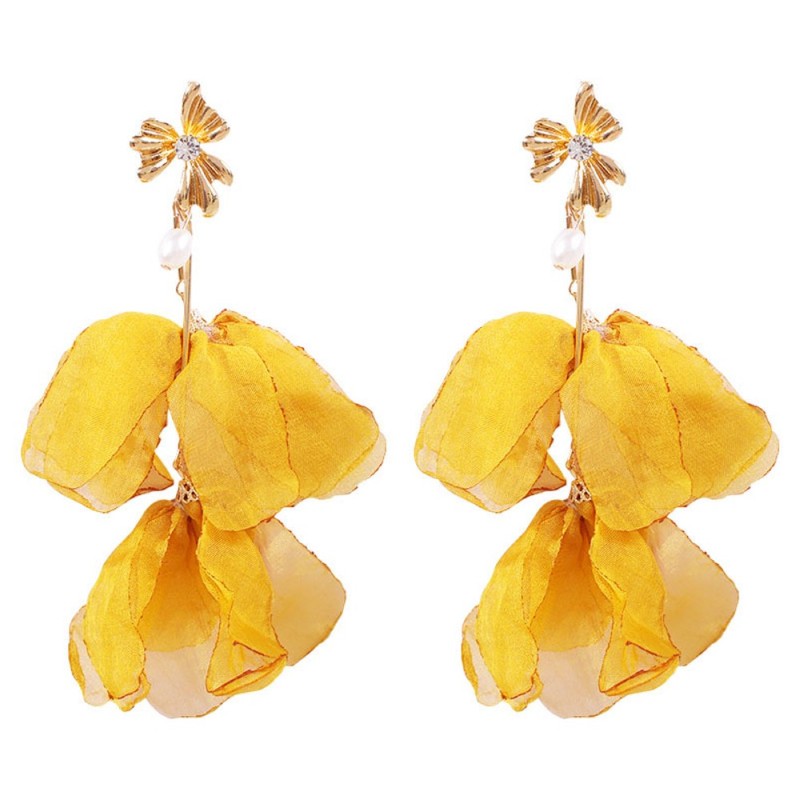 Fashion Yellow Alloy-studded Chiffon Petal Earrings,Drop Earrings