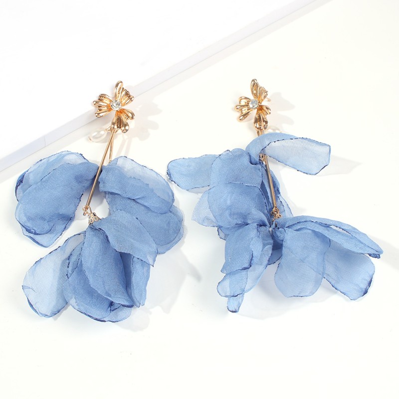 Fashion Lake Blue Alloy-studded Chiffon Petal Earrings,Drop Earrings
