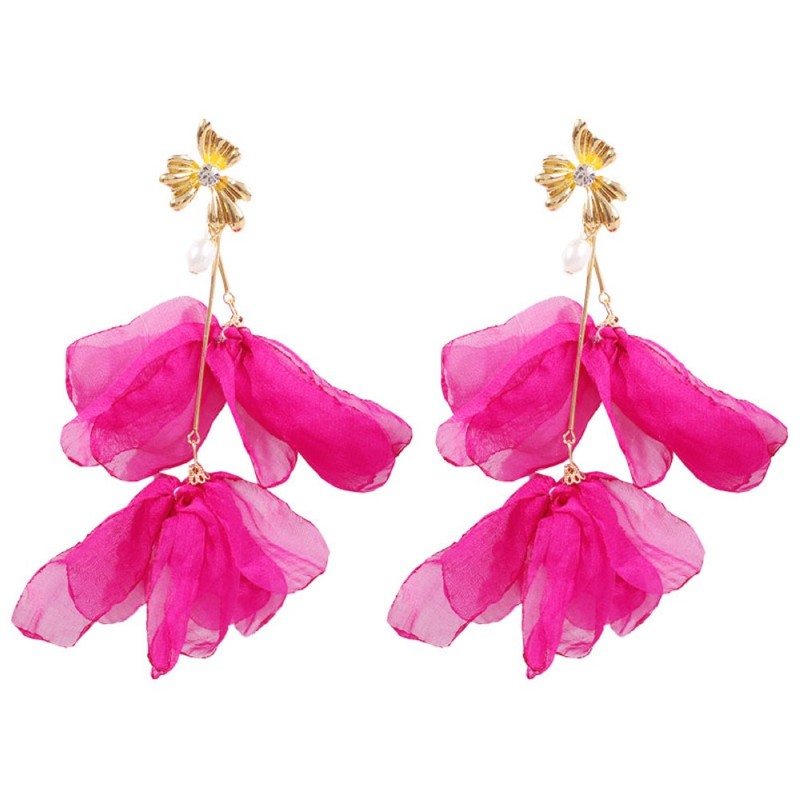 Fashion Pink Alloy-studded Chiffon Petal Earrings,Drop Earrings
