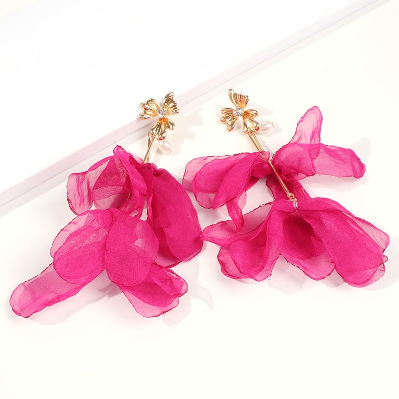 Fashion Rose Red Alloy-studded Chiffon Petal Earrings,Drop Earrings