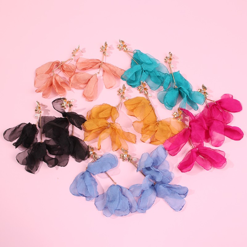 Fashion Pink Alloy-studded Chiffon Petal Earrings,Drop Earrings