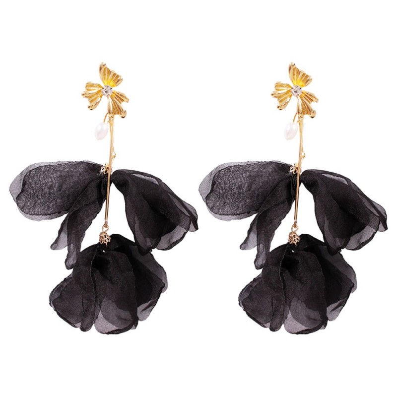 Fashion Black Alloy-studded Chiffon Petal Earrings,Drop Earrings