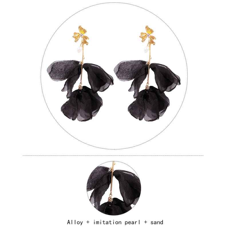 Fashion Black Alloy-studded Chiffon Petal Earrings,Drop Earrings