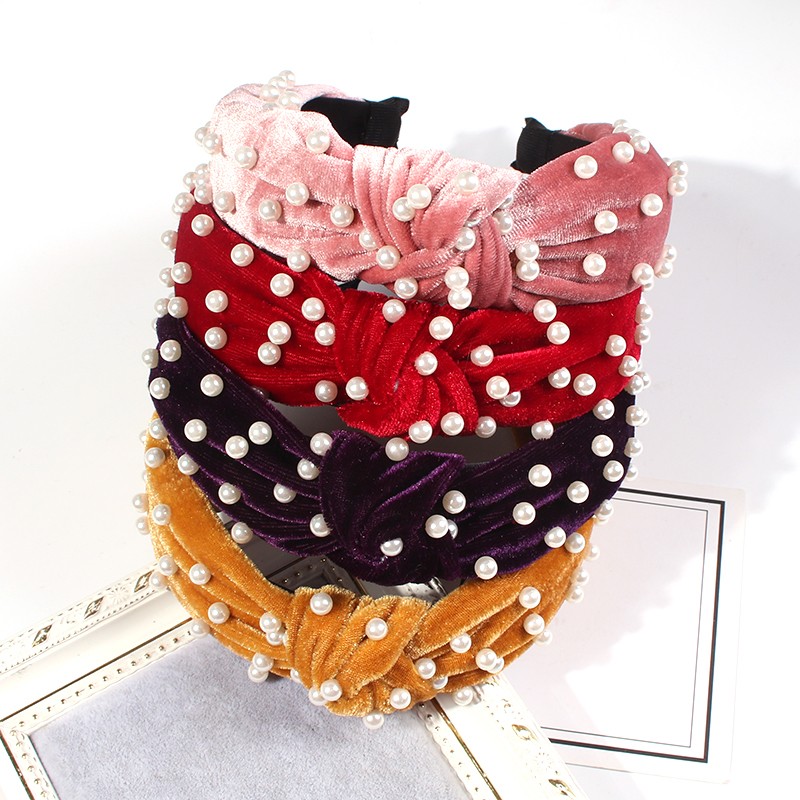 Fashion Red Gold Velvet Nail Pearl Knotted Headband,Head Band