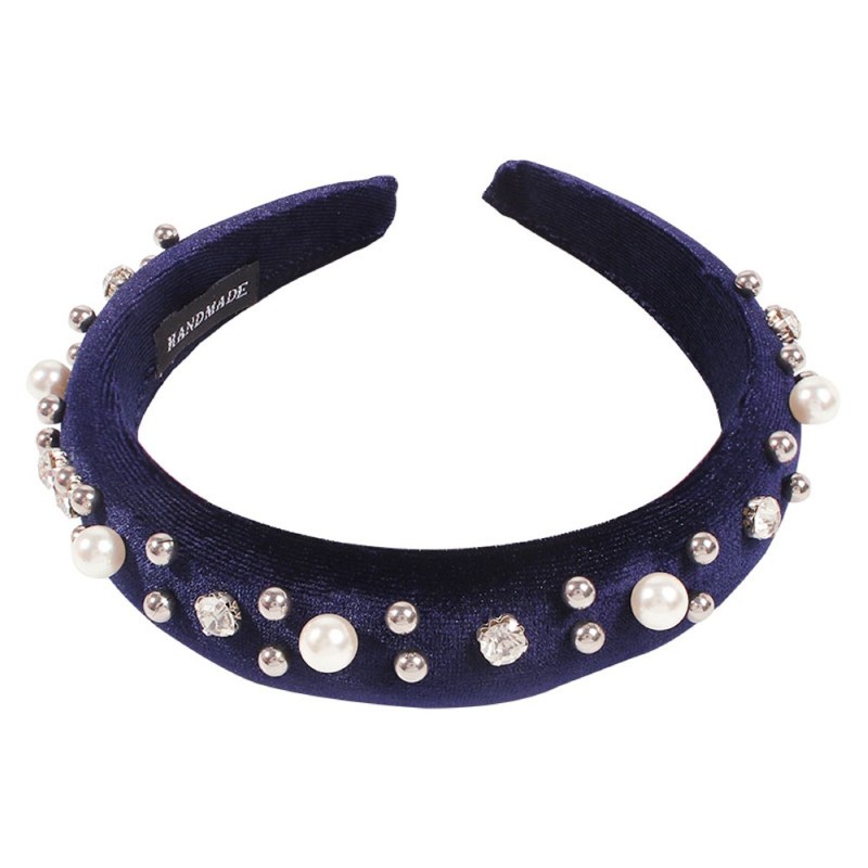 Fashion Navy Blue Gold Velvet Studded Pearl Headband,Head Band