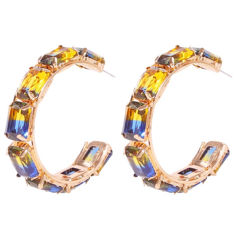 Fashion Yellow + Blue Copper-studded Glass Drill C-shaped Earrings,Hoop Earrings