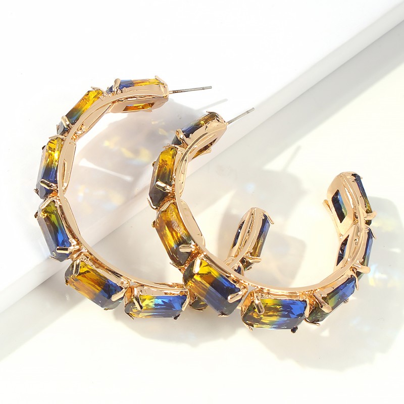 Fashion Yellow + Blue Copper-studded Glass Drill C-shaped Earrings,Hoop Earrings