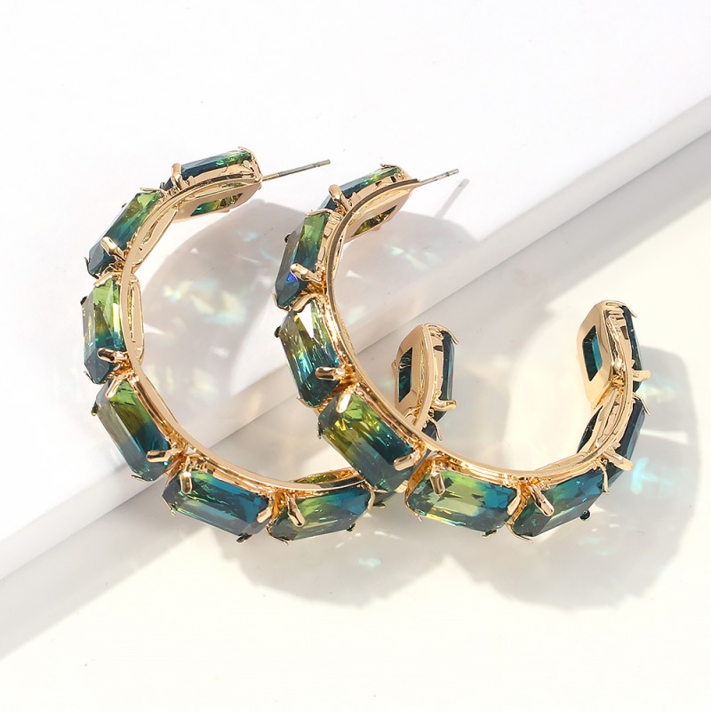 Fashion Dark Green Copper-studded Glass Drill C-shaped Earrings,Earrings