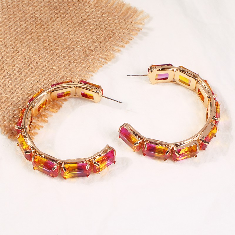 Fashion Color System Copper-studded Glass Drill C-shaped Earrings,Hoop Earrings