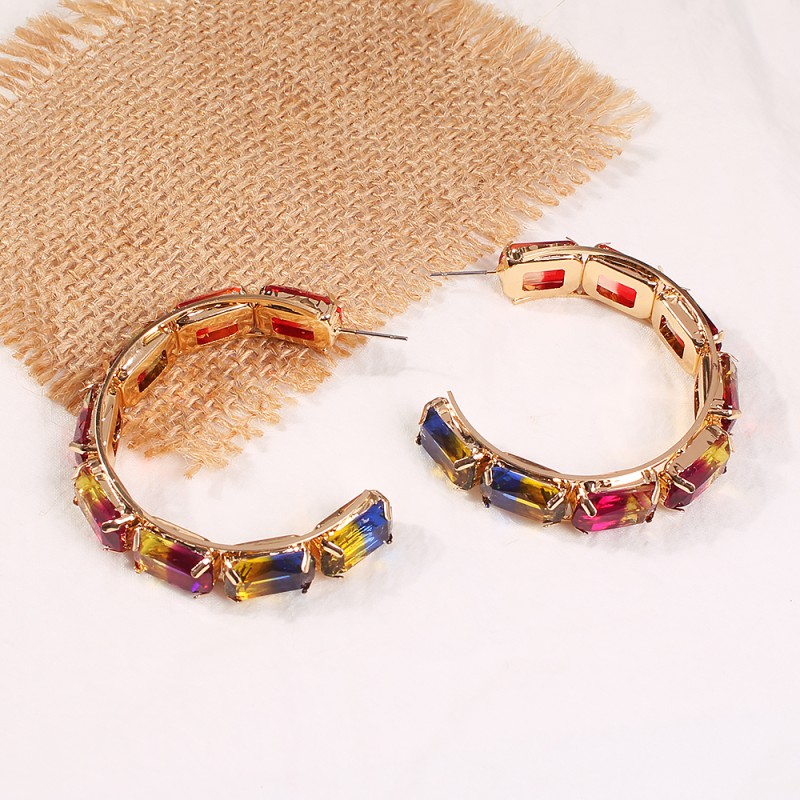Fashion Rose Red Copper-studded Glass Drill C-shaped Earrings,Hoop Earrings