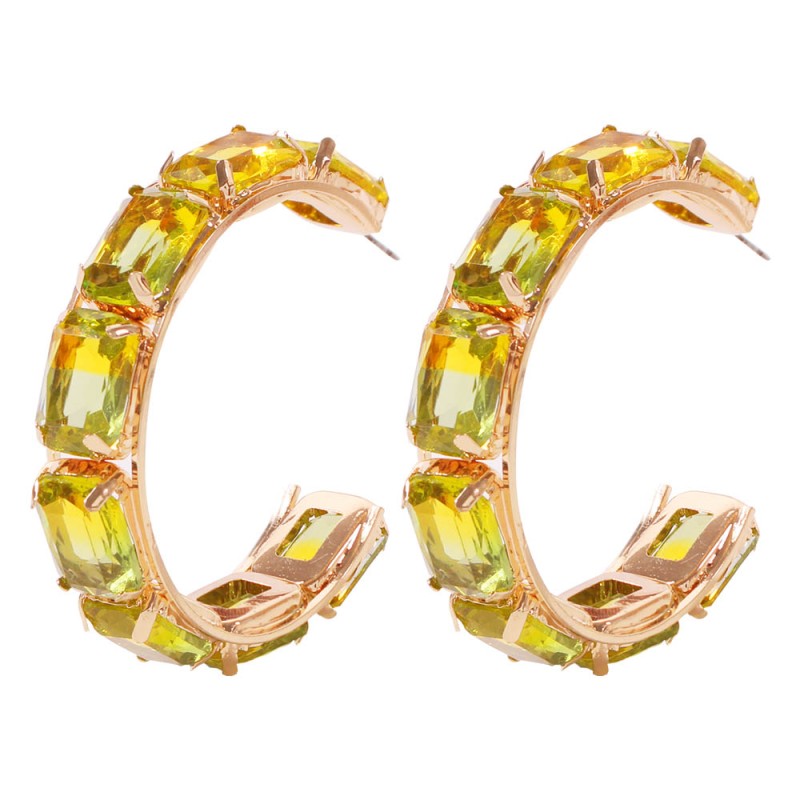 Fashion Light Green Copper-studded Glass Drill C-shaped Earrings,Hoop Earrings