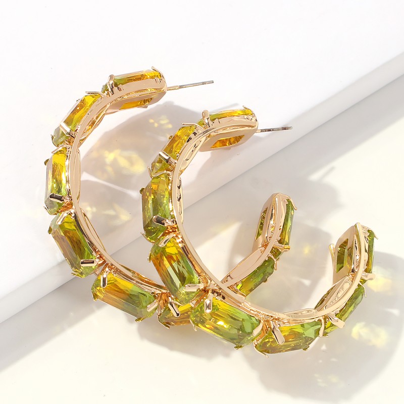 Fashion Dark Green Copper-studded Glass Drill C-shaped Earrings,Earrings