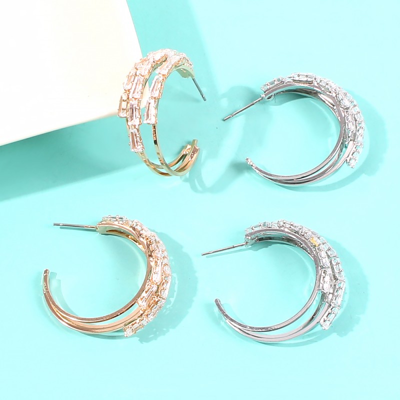 Fashion White K Copper Inlaid Zircon Hollow C-shaped Earrings,Hoop Earrings