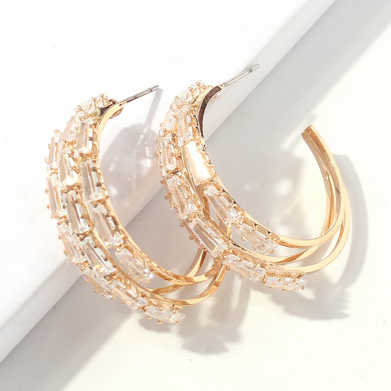 Fashion Gold Copper Inlaid Zircon Hollow C-shaped Earrings,Hoop Earrings