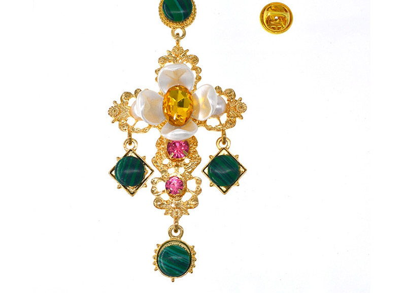Fashion Gold Fringed Green Diamond Cross Brooch,Korean Brooches