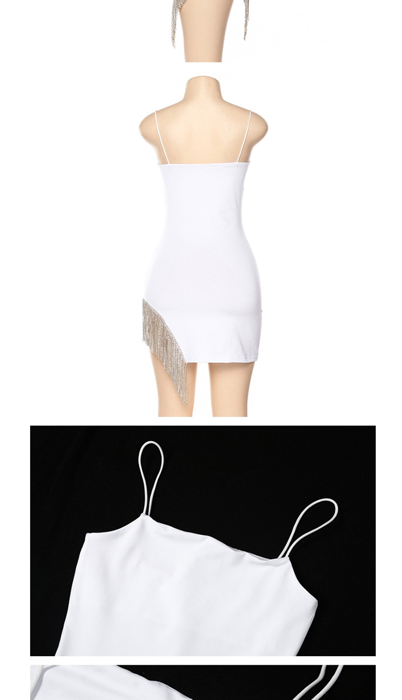 Fashion White Diamond Chain Tassel Hem Strap-neck Halter Dress,Prom Dresses