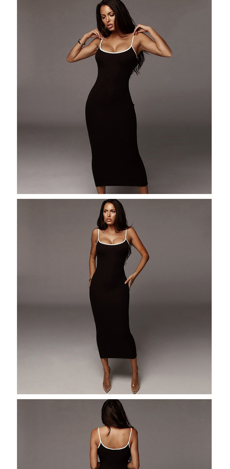 Fashion Black Contrast Sling Backless Dress,Long Dress